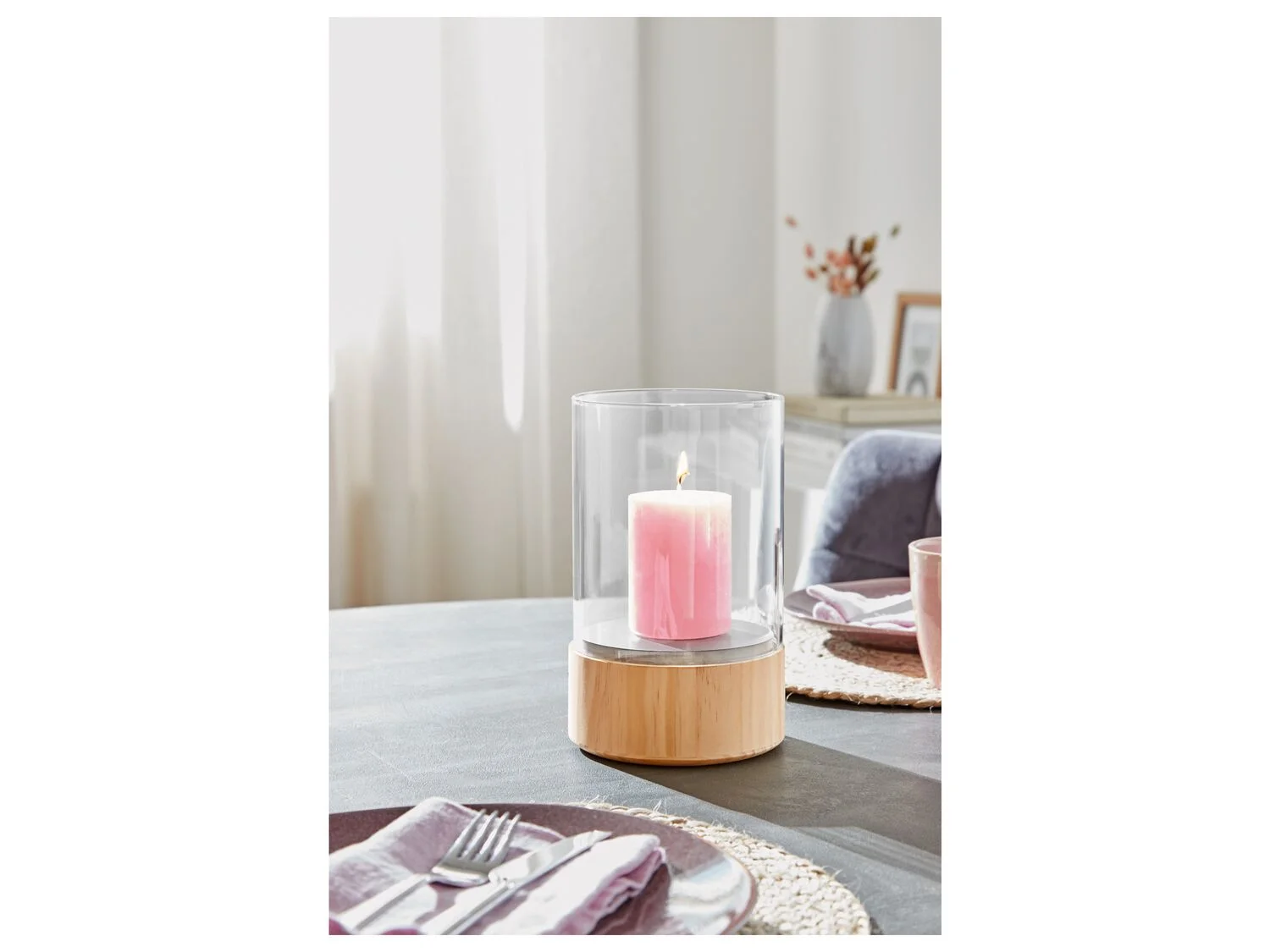 Glass candle holder with wooden base (without candle)