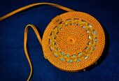 Bolso redondo de rafia con forro étnico – Hecho a mano