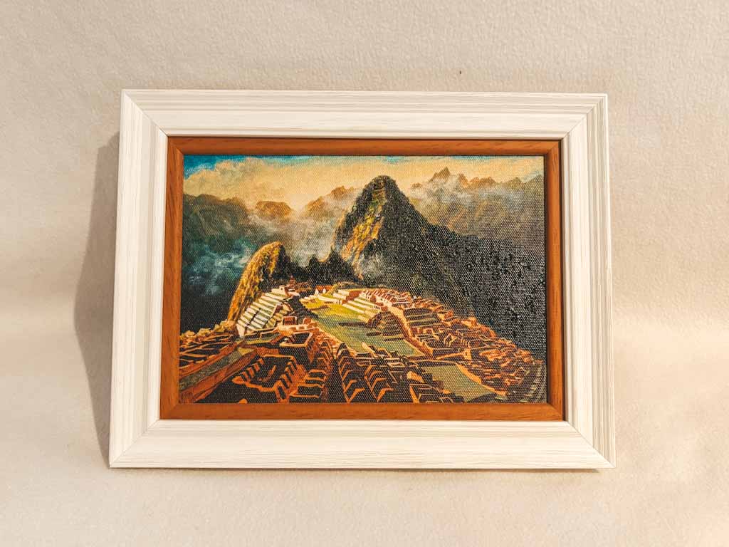 Cuadro óleo Machu Picchu con marco | Pintura decorativa artesanal 29×21 cm