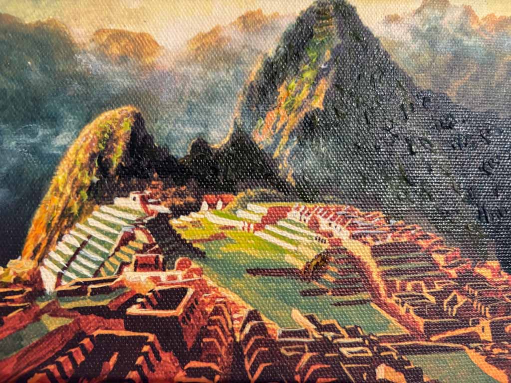 Cuadro óleo Machu Picchu con marco | Pintura decorativa artesanal 29×21 cm
