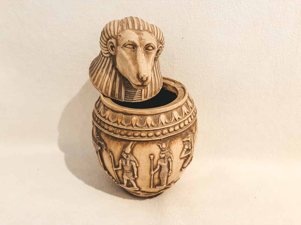 Bote canopo egipcio decorativo | Réplica antigua comprada en El Cairo | 23 cm alto