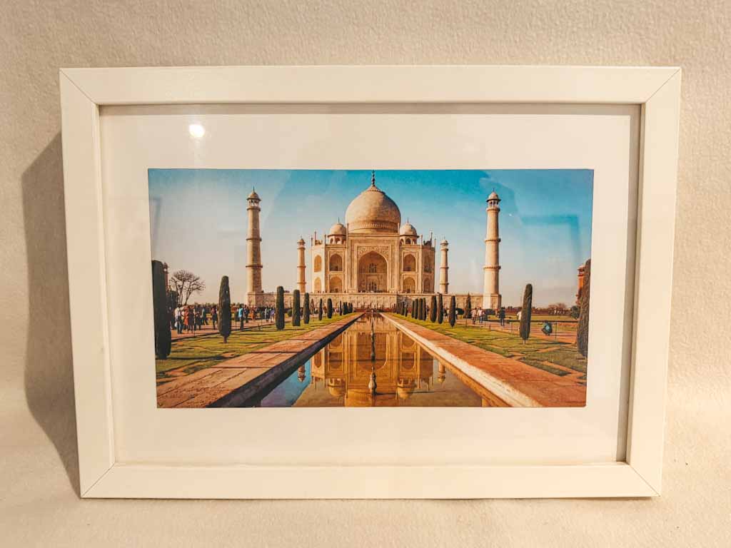Set de 3 fotografías enmarcadas de la India – Taj Mahal, tren antiguo y retrato tradicional