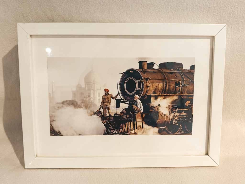 Set de 3 fotografías enmarcadas de la India – Taj Mahal, tren antiguo y retrato tradicional