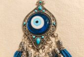 Amuleto protector Nazar de pared – Ojo turco de cristal con colgante y borlas azules