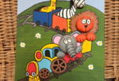 Cuadro infantil artesanal 3D — Tren de animales en madera pintada a mano