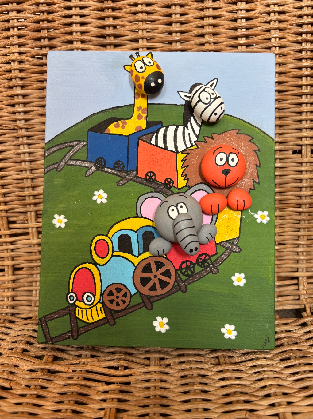 Cuadro infantil artesanal 3D — Tren de animales en madera pintada a mano